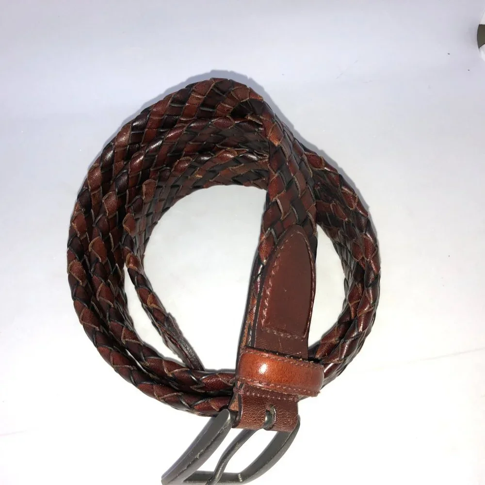 Brown Black 2-tone Leather Belt Weave Pattern Metal Buckle‎ 38/95